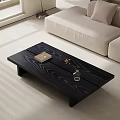 Modern Beige Sofa With Black Wooden Coffee Table And Decorative Items 3d model