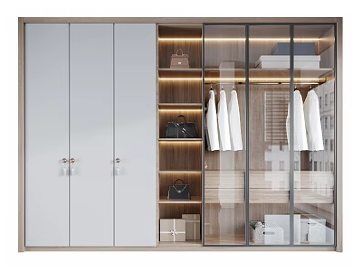 Sleek Modern Wardrobe With Glass Doors Wooden Interior Hanging Clothes And Folded Items 3d model