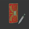 Red Shield With Golden Wing Patterns And Silver Dagger With Wooden Handle On Dark Surface 3d model