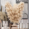 Modern Decorative Ornament Set With Pampas Grass Ceramic Vases Metal Candlesticks And Art Prints