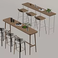 Modern Wooden Bar Counter Setup With Gray High Stools Decorative Plants And Cups