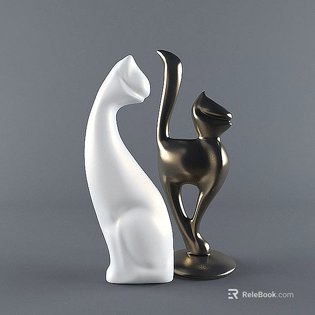 Abstract Cat Shaped Decorative Ornament Set With White Ceramic And Gold Metallic Design 3d model 