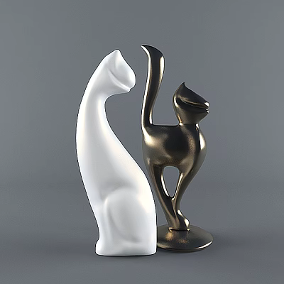 Abstract Cat Shaped Decorative Ornament Set With White Ceramic And Gold Metallic Design 3d model