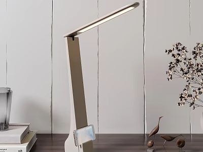 Modern LED Desk Lamp with Sleek Adjustable Arm on Wooden Table with Books and Plants 3d model
