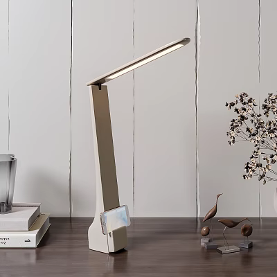Modern LED Desk Lamp with Sleek Adjustable Arm on Wooden Table with Books and Plants 3d model