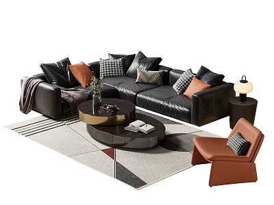 Modern Black Leather Sofa and Coffee Table Set with Cushions Rug and Accent Chair 3d model