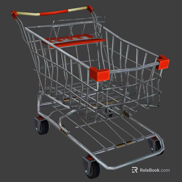 Public Facility Shopping Cart Featuring Metal Frame Red Accents And Rolling Wheels 3d model 