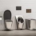 Stainless Steel Toilet Urinal And Trash Bin In Modern Bathroom With White Brick Wall