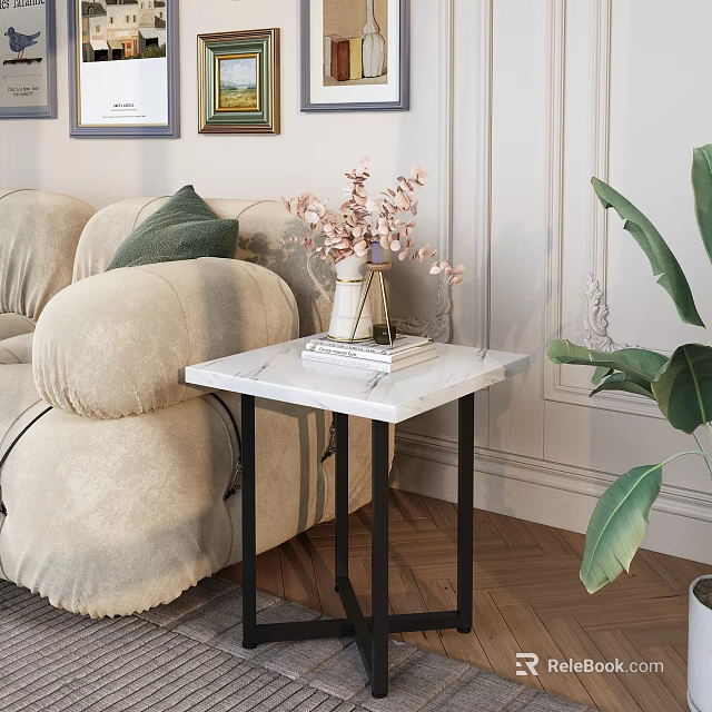 Elegant Living Room Interior With Beige Sofa Green Cushions And Marble Side Table Pink Flowers 3d model 