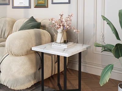 Elegant Living Room Interior With Beige Sofa Green Cushions And Marble Side Table Pink Flowers 3d model