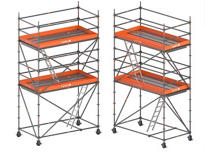 Industrial Mobile Multi Level Scaffolding With Orange Platforms And Wheels 3d model