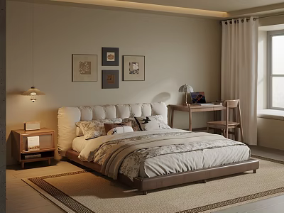 Cozy Bedroom Interior With Bed Pillows Bedding Wall Art Desk Chair Window Curtains And Rug 3d model