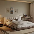 Cozy Bedroom Interior With Bed Pillows Bedding Wall Art Desk Chair Window Curtains And Rug