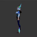 Fantasy Character With Mythical Creature Horned Design Blue And Gold Armor Tight-Fitting Outfit Glowing Weapons