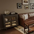 Warm Living Room With Brown Leather Sofa Glass Coffee Table Checkered Rug And Decorative Paintings