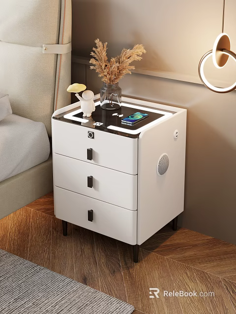 White Bedside Table with Three Drawers Black Top Vase Phone Charging and Decorative Figurine 3d model 