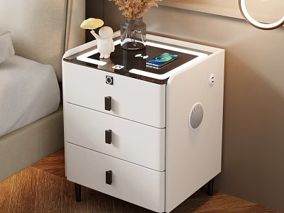 White Bedside Table with Three Drawers Black Top Vase Phone Charging and Decorative Figurine 3d model