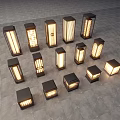 Various Design Outdoor Lights in Square Rectangular Shapes with Black Frames Illuminated on Grey Floor 3d model