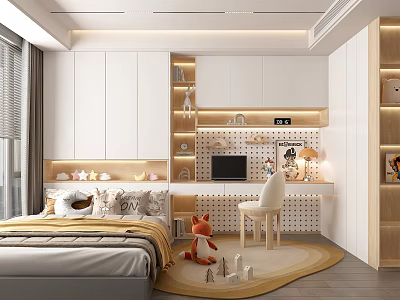 Modern Tatami Bedroom Interior With Tatami Bed Desk Chair Bookshelf Toys And Warm Lighting 3d model