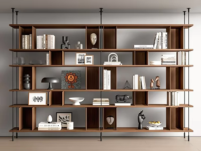 Modern Wooden Bookcase With Multiple Shelves Books Decorative Sculptures And Photo Frames 3d model