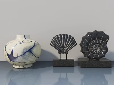 Sculptural Artworks With Ceramic Vase Blue White Crackle Black Fan And Spiral Shell Designs 3d model
