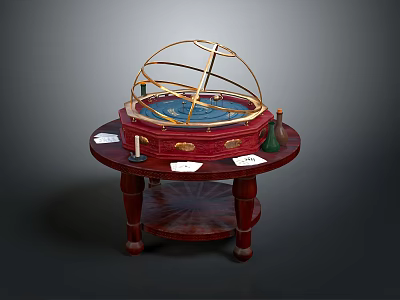 Red Wooden Table With Gold Armillary Sphere Candles And Cards On Top 3d model