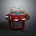 Red Wooden Table With Gold Armillary Sphere Candles And Cards On Top