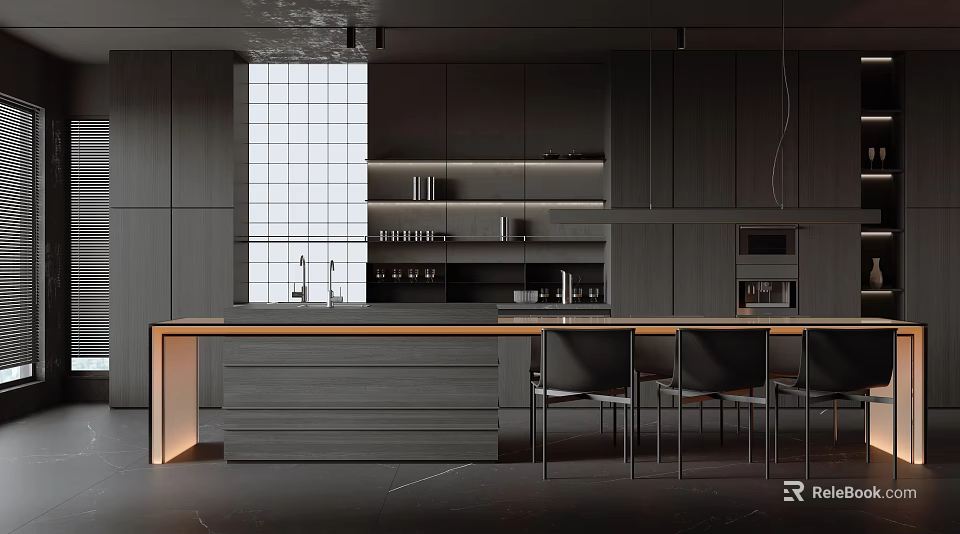 Modern Open Concept Restaurant Kitchen Interior With Island Counter And Cabinets 3d model 