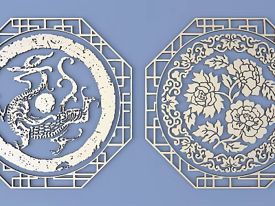 Traditional Carved Designs With Dragon And Peony Patterns In Round Shape And Octagonal Frames 3d model