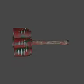 Weapon Hammer With Multiple Red Barrel Shaped Heads And Worn Wooden Handle