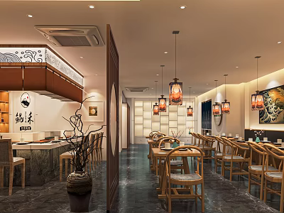 Elegant Chinese Restaurant Interior With Hanging Lanterns Wooden Tables And Chairs 3d model