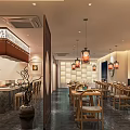 Elegant Chinese Restaurant Interior With Hanging Lanterns Wooden Tables And Chairs