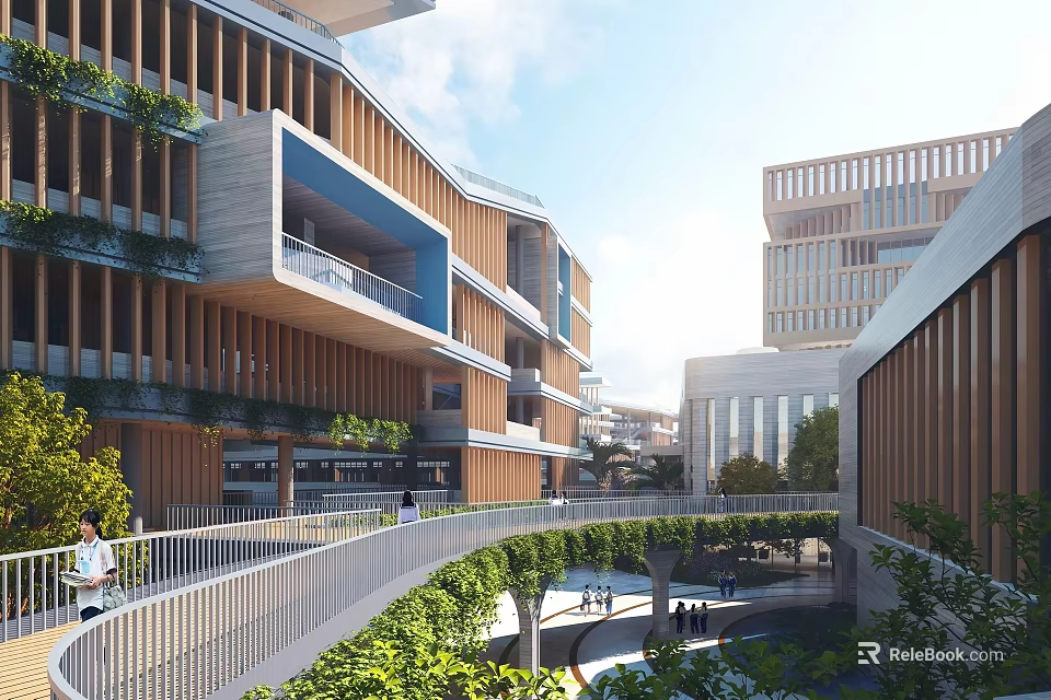 Modern Multi Story School Building With Wooden Cladding Balconies Greenery And Courtyard Walkers 3d model 