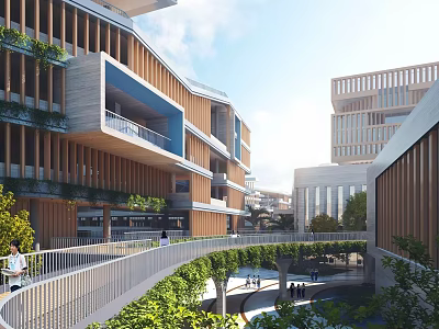 Modern Multi Story School Building With Wooden Cladding Balconies Greenery And Courtyard Walkers 3d model