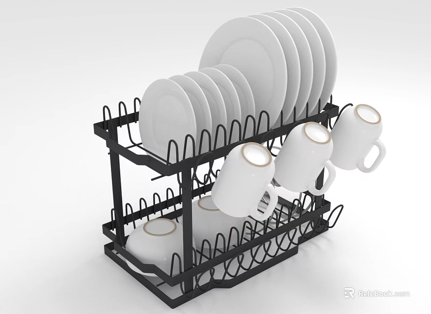 Two Tiered Black Dish Rack With White Plates And Mugs For Kitchen Organization 3d model 