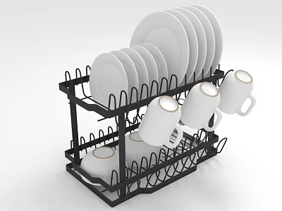 Two Tiered Black Dish Rack With White Plates And Mugs For Kitchen Organization 3d model