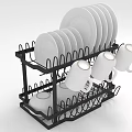 Two Tiered Black Dish Rack With White Plates And Mugs For Kitchen Organization