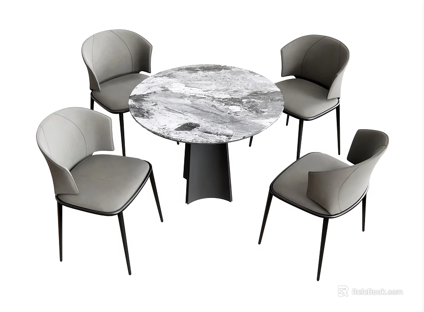 Modern Round Dining Table Set With Marble Top And Four Gray Upholstered Chairs 3d model
