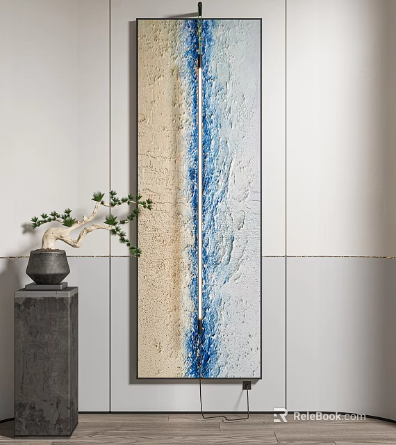 Modern Minimalist Interior With Abstract Blue White Textured Painting And Bonsai 3d model 