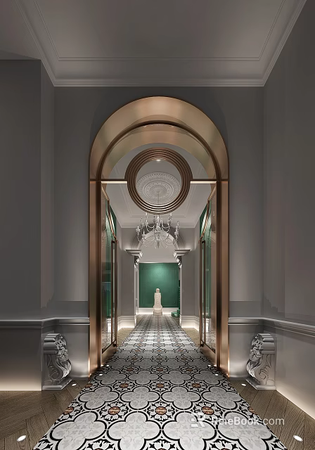 Hotel Corridor With Golden Arched Doorway Circular Ceiling Decoration Green Walls Chandeliers Patterned Floor Tiles 3d model 