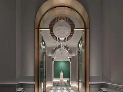 Hotel Corridor With Golden Arched Doorway Circular Ceiling Decoration Green Walls Chandeliers Patterned Floor Tiles 3d model