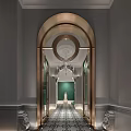Hotel Corridor With Golden Arched Doorway Circular Ceiling Decoration Green Walls Chandeliers Patterned Floor Tiles