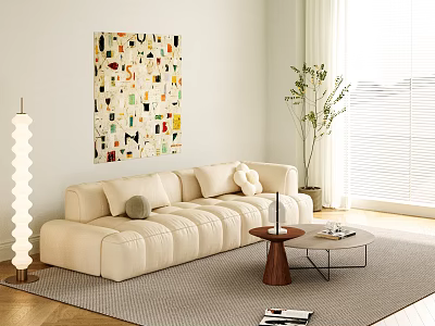 Modern Beige Sofa and Round Coffee Table Set With Decorative Pillows and Abstract Wall Art 3d model
