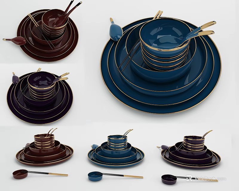 Elegant Multicolor Dinnerware Set with Stacked Plates Bowls and Gold Rim Spoons 3d model 