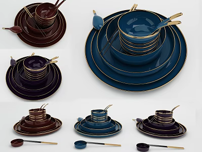Elegant Multicolor Dinnerware Set with Stacked Plates Bowls and Gold Rim Spoons 3d model