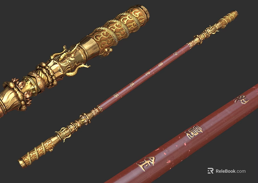 Golden Ornate Weapon With Carved Dragon Head Red Shaft And Intricate Traditional Patterns Inscriptions 3d model 