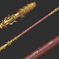 Golden Ornate Weapon With Carved Dragon Head Red Shaft And Intricate Traditional Patterns Inscriptions