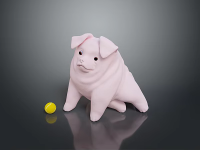 Pink Pig Stuffed Toy Sitting Next To Yellow Ball On Dark Reflective Surface 3d model