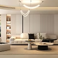 Modern Living Room Interior With TV Wall Ceiling Lights Sofas Coffee Tables And Greenery