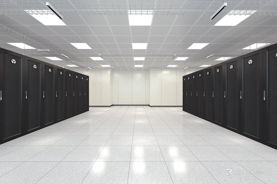 Industrial Server Room Featuring Rows Of Black Server Cabinets White Ceiling Lights And Spacious Aisle 3d model 